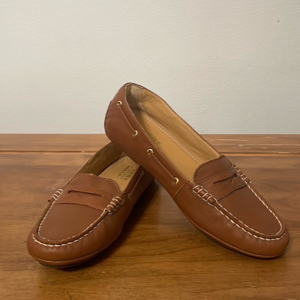 Sperry Gold Penny Driver Cognac Loafers Size 7.5